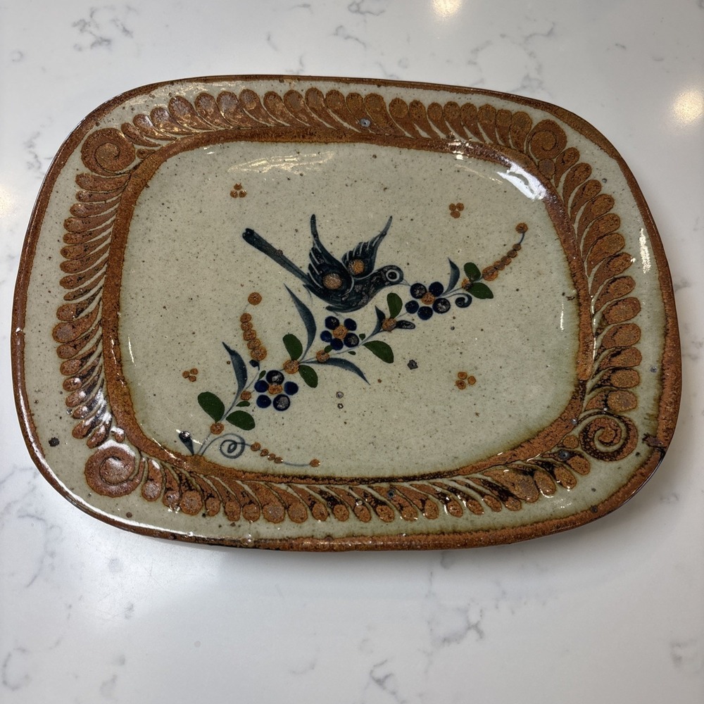 VTG Tonala Pottery Mexico Rectangular Tray Bird Blue Copper Handpainted 8x10.5